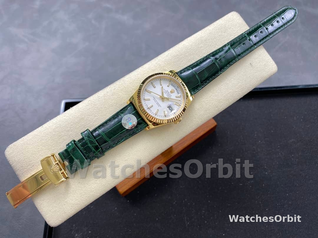 Rolex Day Date 36 White Dial 118135 0123 Green Leather Watch