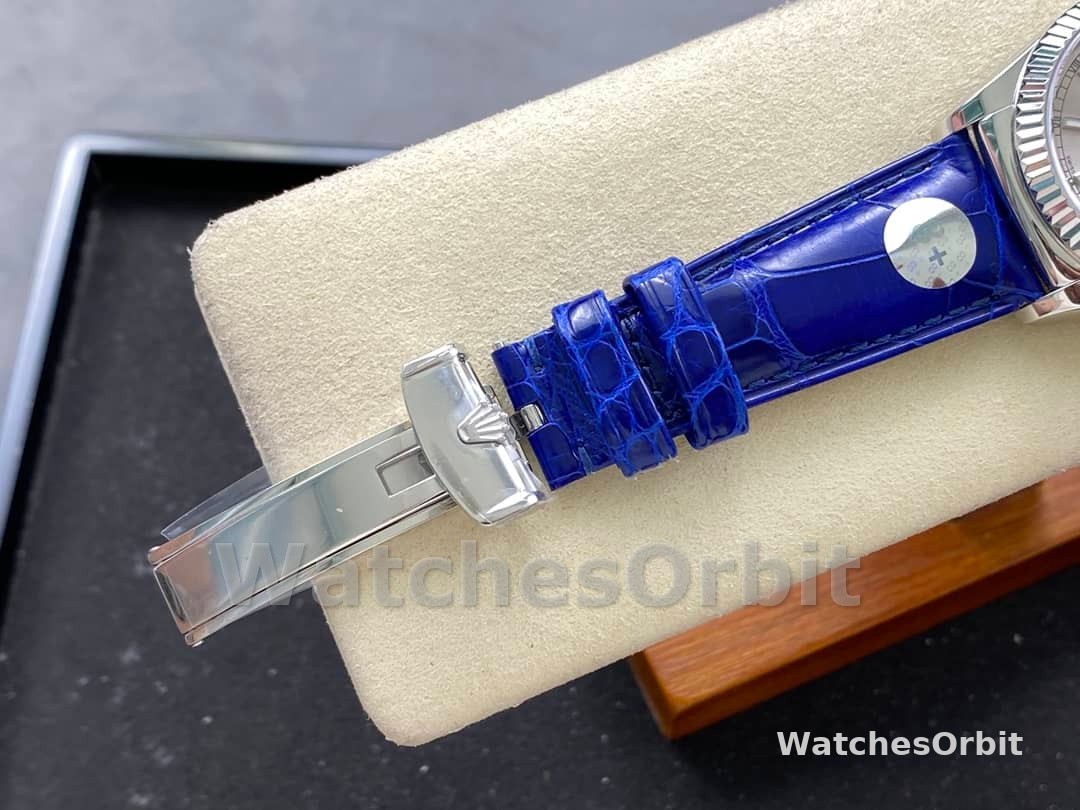 Rolex Day Date 36 White Gold Silver Dial 118139 0097 Blue Leather Strap
