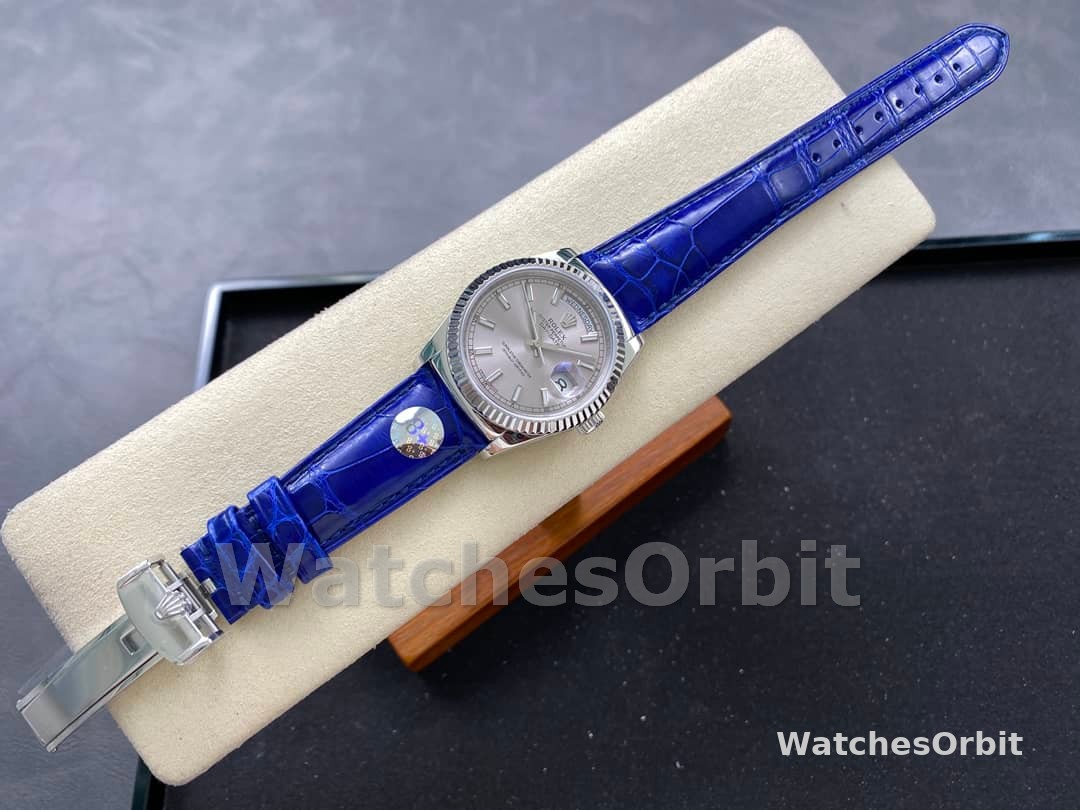 Rolex Day Date 36 White Gold Silver Dial 118139 0097 Blue Leather Strap