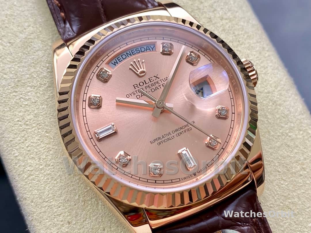 Rolex Day Date 36 Yellow Gold Case 118135 0101 Brown Leather Watch