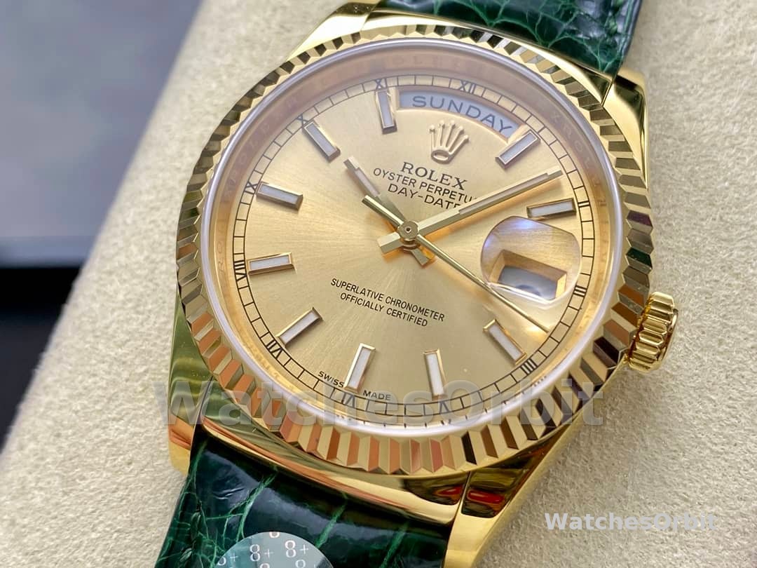 Rolex Day Date 36 Yellow Gold Champagne Dial 118138 0125 Green Strap