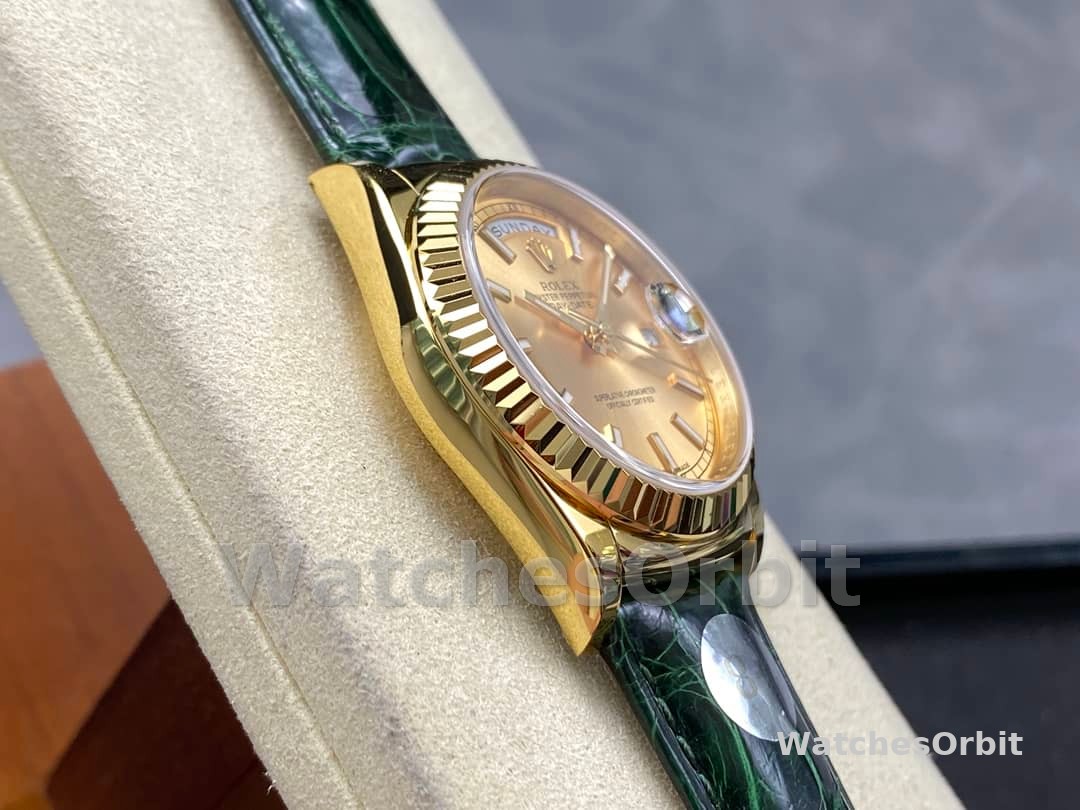 Rolex Day Date 36 Yellow Gold Champagne Dial 118138 0125 Green Strap