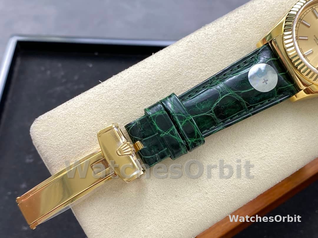 Rolex Day Date 36 Yellow Gold Champagne Dial 118138 0125 Green Strap