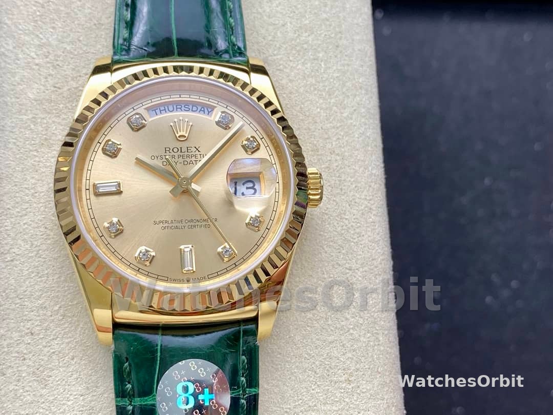 Rolex Day Date 36 Yellow Gold Champagne Dial 118138 0148 Green Leather Strap