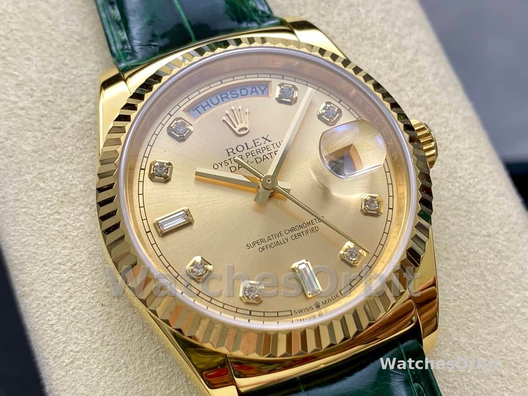Rolex Day Date 36 Yellow Gold Champagne Dial 118138 0148 Green Leather Strap