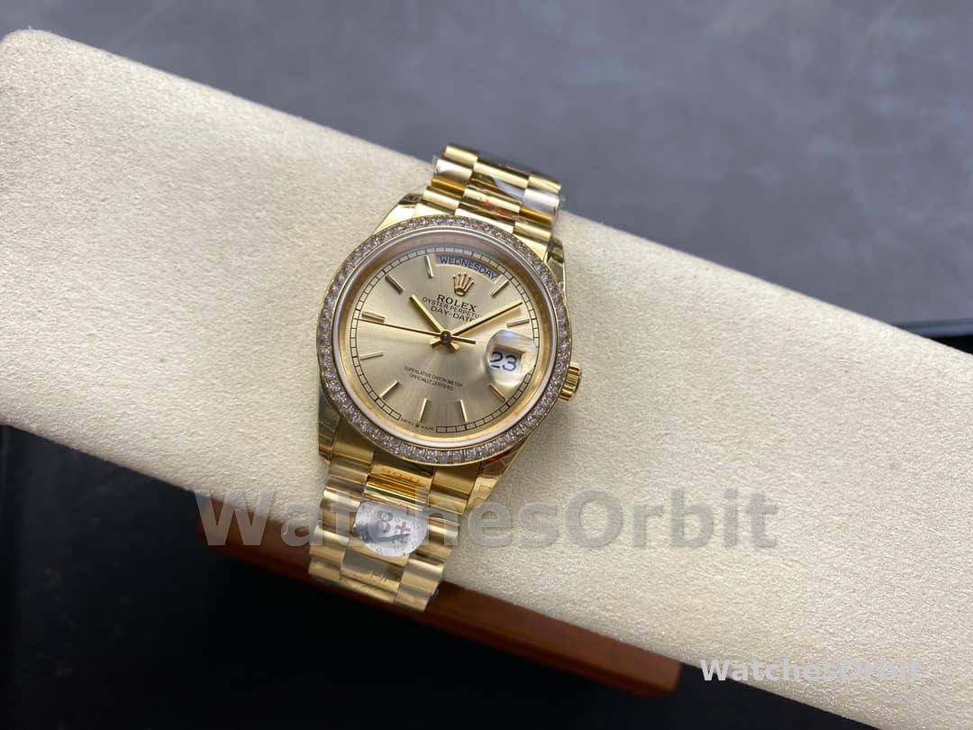 Rolex Day Date 36 Yellow Gold Champagne Dial Diamond Bezel m128348rbr 0026