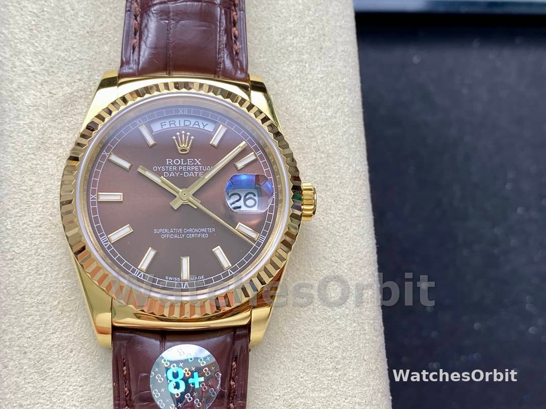 Rolex Day Date 36 Yellow Gold Chocolate Dial 118138 0005 Leather Watch
