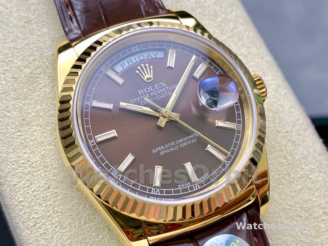 Rolex Day Date 36 Yellow Gold Chocolate Dial 118138 0005 Leather Watch