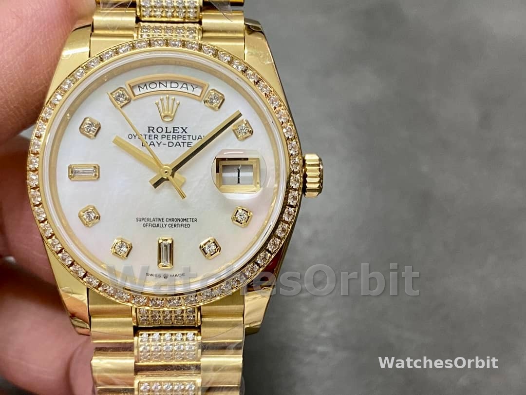 Rolex Day Date 36 Yellow Gold Diamond Bezel MOP Dial m128348rbr 0019