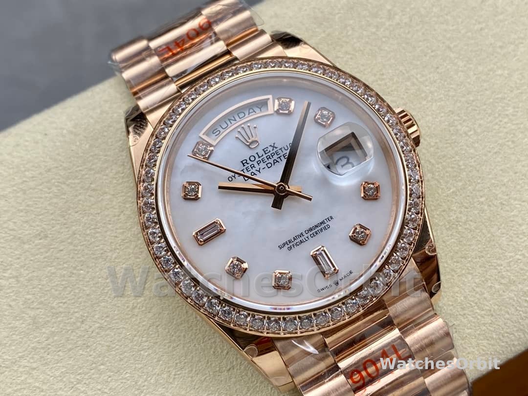 Rolex Day-Date 36MM 128345RBR 0028 Mother of Pearl White Dial Everose Gold Unisex Replica Watch