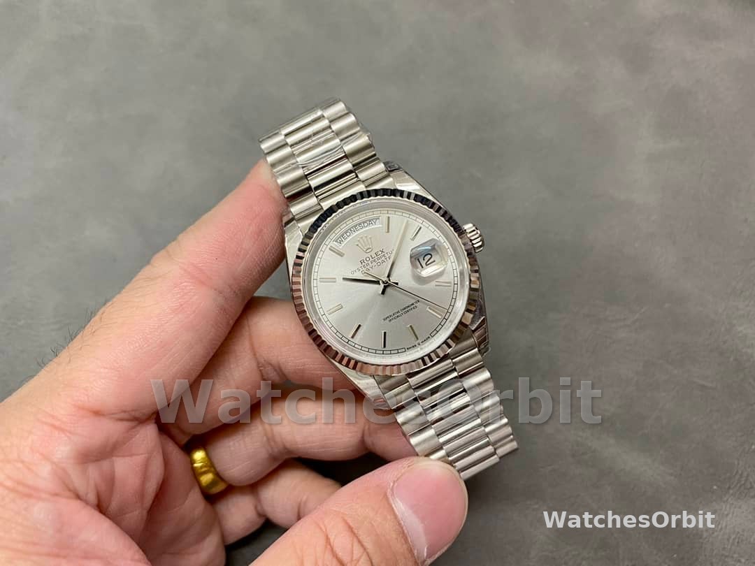 Rolex Day Date 36mm Platinum White Gold Silver Index 128236 0001