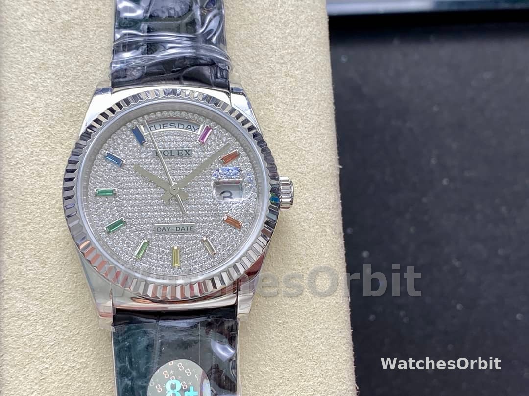 Rolex Day Date 36mm White Gold 128349RBR 0006 Pave Rainbow