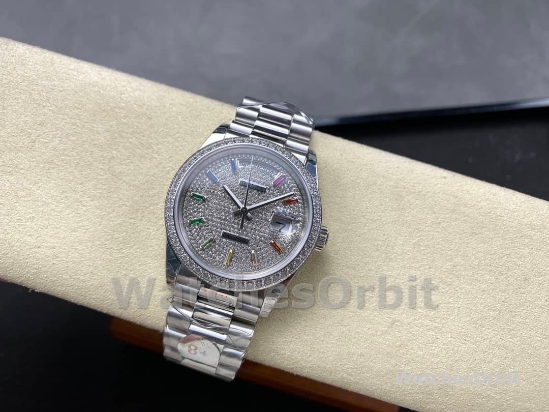 Rolex Day Date 36mm White Gold 128349RBR 0006 Pave Rainbow