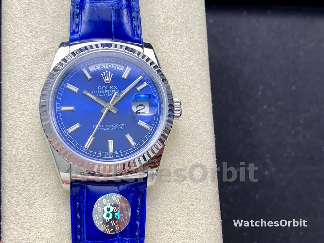 Rolex Day Date 36mm White Gold Fluted Bezel 118139 0004 Blue Index