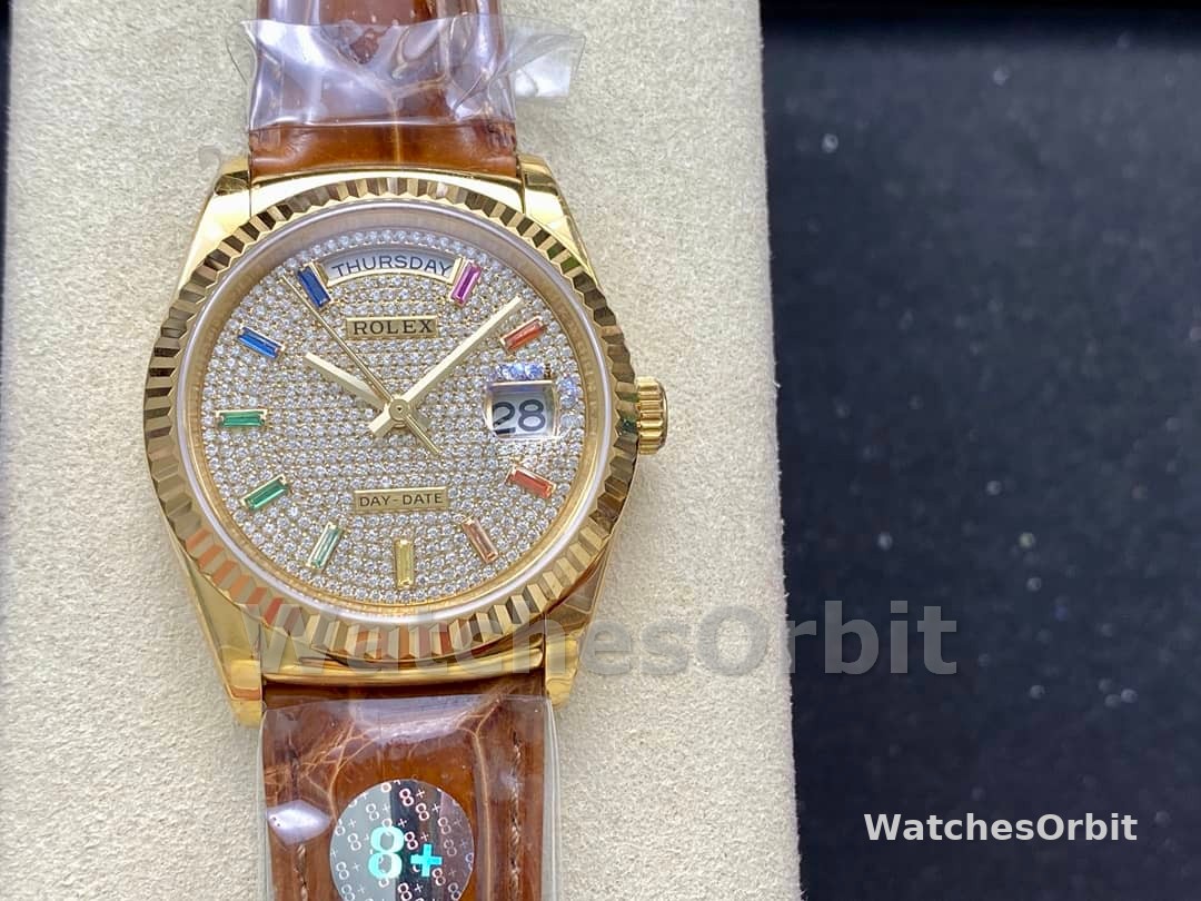 Rolex Day Date 36mm Yellow Gold 128238 0051 Pave Rainbow Diamond Dial Fluted Bezel