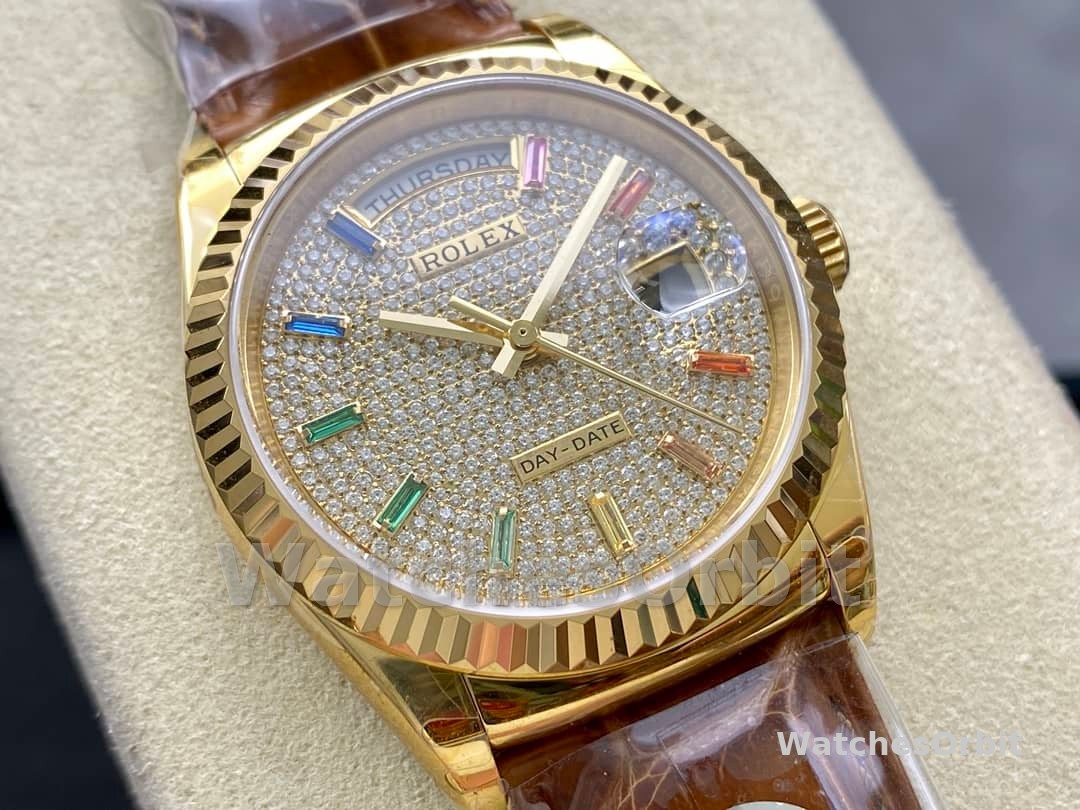 Rolex Day Date 36mm Yellow Gold 128238 0051 Pave Rainbow Diamond Dial Fluted Bezel