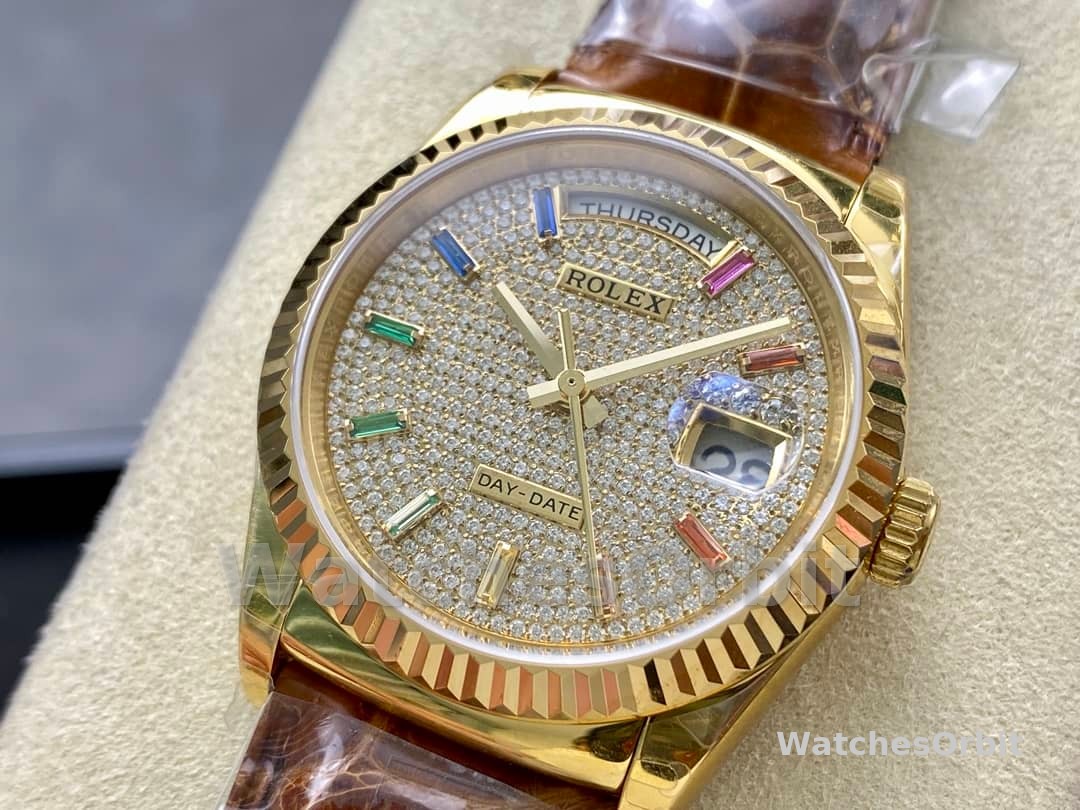 Rolex Day Date 36mm Yellow Gold 128238 0051 Pave Rainbow Diamond Dial Fluted Bezel