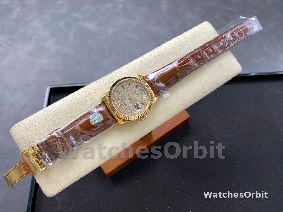 Rolex Day Date 36mm Yellow Gold 128238 0051 Pave Rainbow Diamond Dial Fluted Bezel