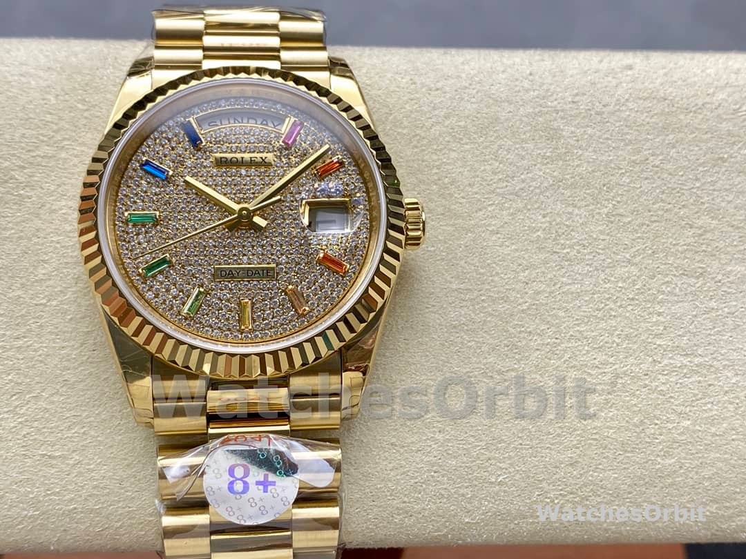 Rolex Day Date 36mm Yellow Gold 128238 0051 Pave Rainbow Diamond Dial Fluted Bezel