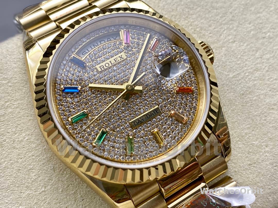 Rolex Day Date 36mm Yellow Gold 128238 0051 Pave Rainbow Diamond Dial Fluted Bezel
