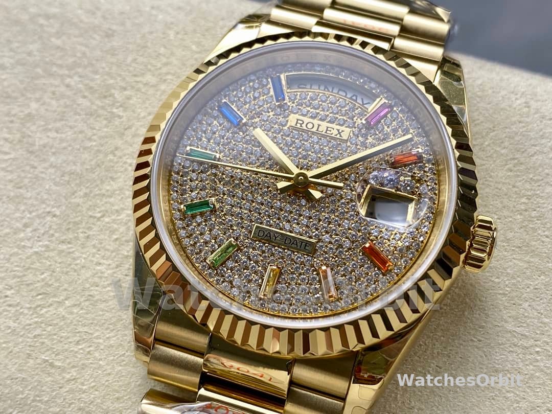 Rolex Day Date 36mm Yellow Gold 128238 0051 Pave Rainbow Diamond Dial Fluted Bezel