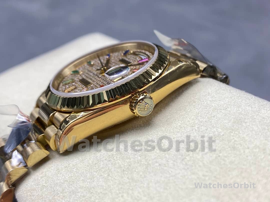 Rolex Day Date 36mm Yellow Gold 128238 0051 Pave Rainbow Diamond Dial Fluted Bezel