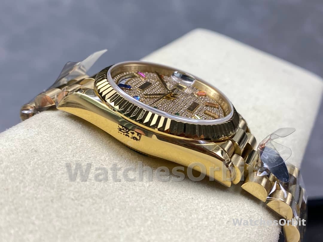 Rolex Day Date 36mm Yellow Gold 128238 0051 Pave Rainbow Diamond Dial Fluted Bezel