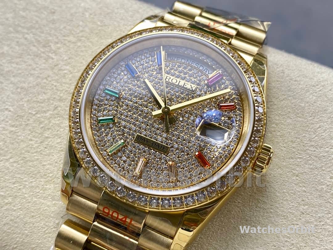 Rolex Day Date 36mm Yellow Gold 128348RBR 0030 Pave Rainbow Diamonds Sapphires Dial