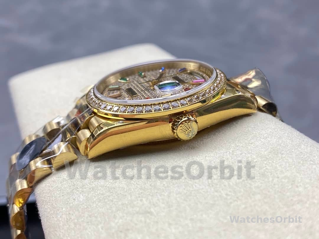 Rolex Day Date 36mm Yellow Gold 128348RBR 0030 Pave Rainbow Diamonds Sapphires Dial