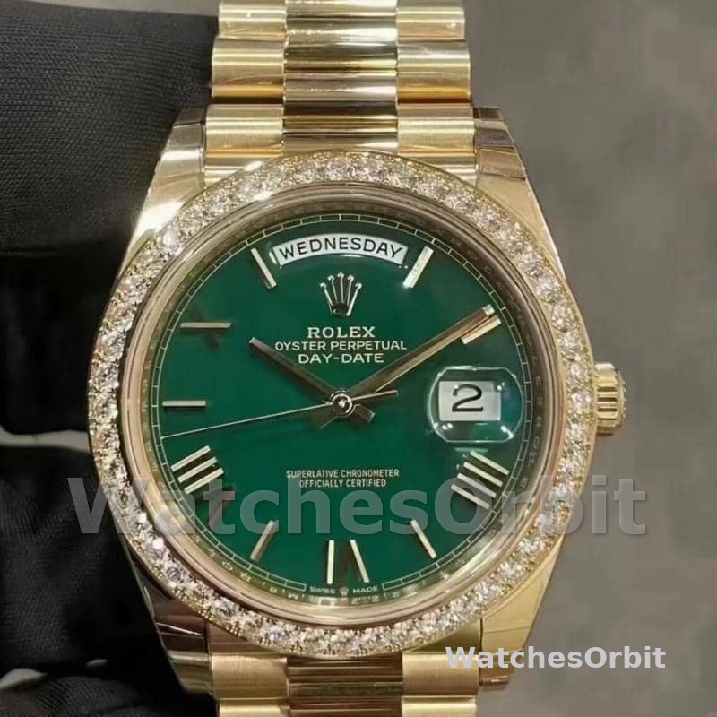 Rolex Day Date 40 18K Yellow Gold Green Dial Diamond Bezel M228348RBR 0040 Men's Watch