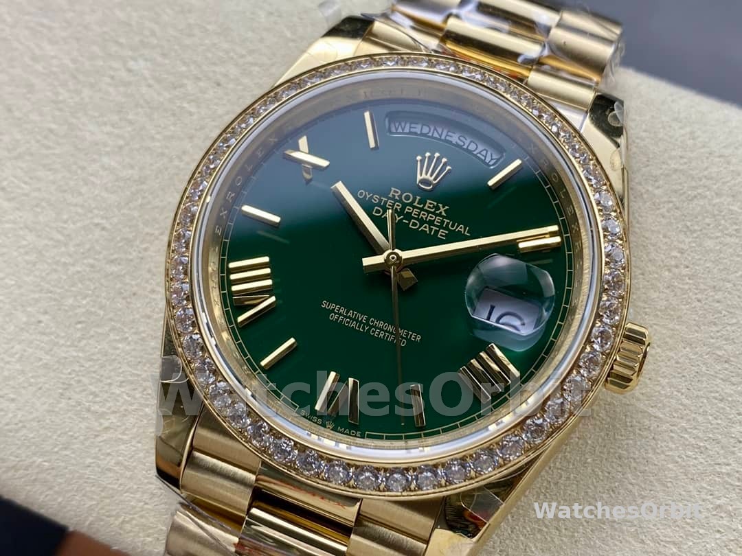 Rolex Day Date 40 18K Yellow Gold Green Dial Diamond Bezel M228348RBR 0040 Men's Watch