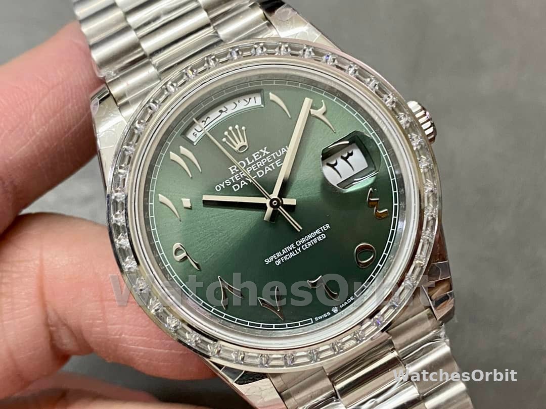 Rolex Day-Date 40 Platinum Arabic Numerals Green with Diamonds 228396tbr