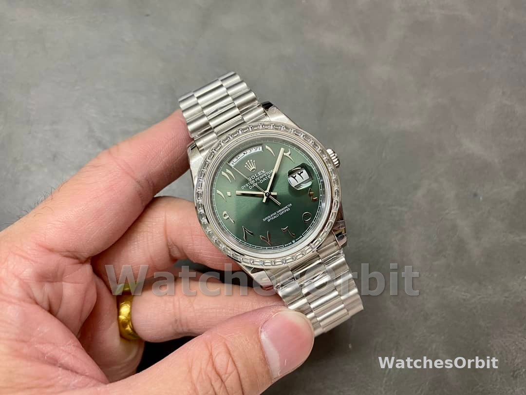 Rolex Day-Date 40 Platinum Arabic Numerals Green with Diamonds 228396tbr