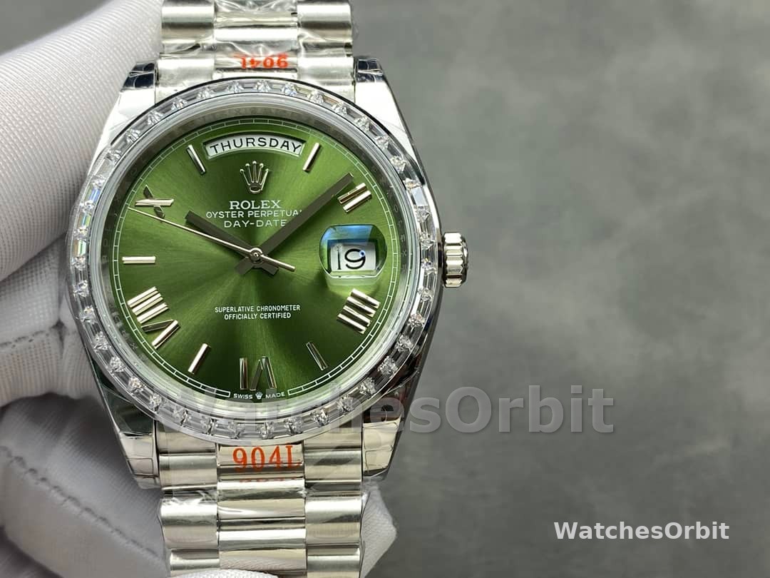 Rolex Day Date 40 Platinum Olive Green Dial Diamond Bezel M228396TBR 0020 Replica Watch