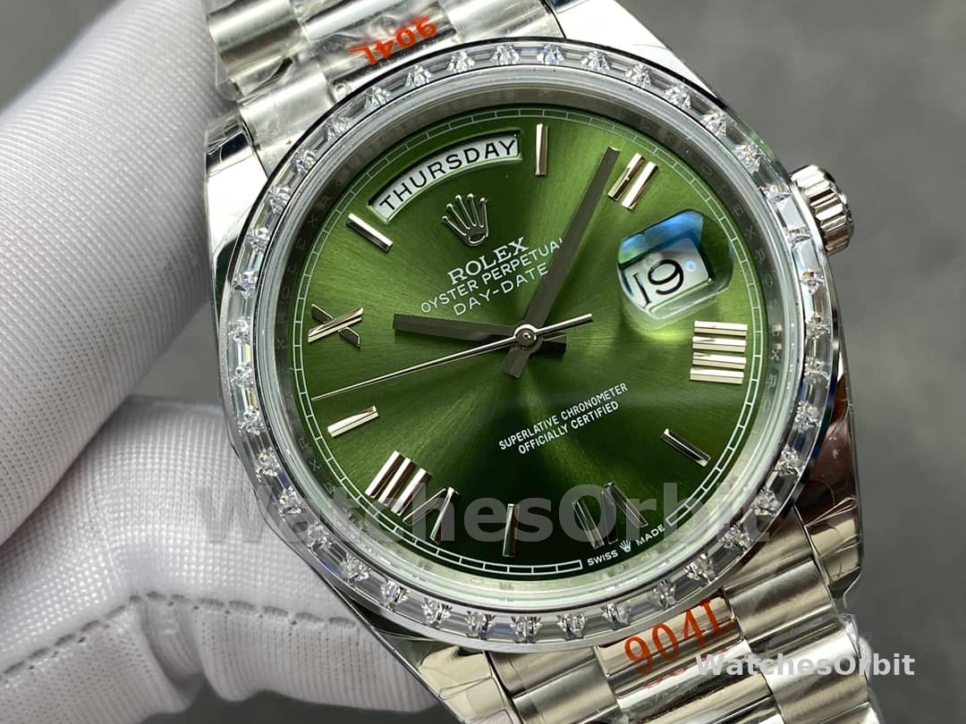 Rolex Day Date 40 Platinum Olive Green Dial Diamond Bezel M228396TBR 0020 Replica Watch