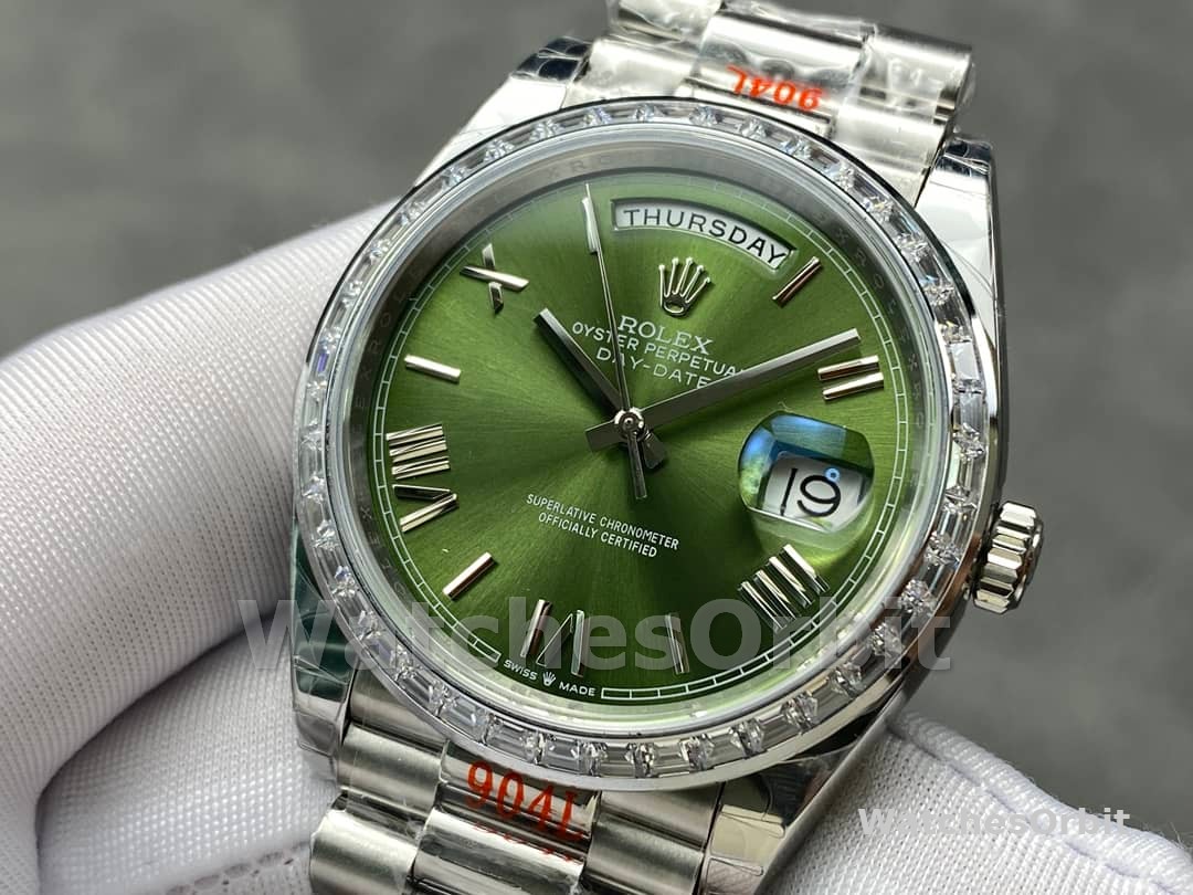 Rolex Day Date 40 Platinum Olive Green Dial Diamond Bezel M228396TBR 0020 Replica Watch