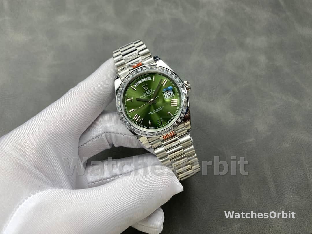 Rolex Day Date 40 Platinum Olive Green Dial Diamond Bezel M228396TBR 0020 Replica Watch
