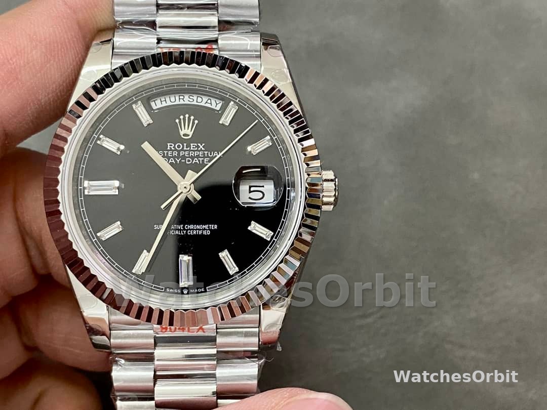 Rolex Day-Date 40mm 228239 0005 Black Diamond Dial Fluted Bezel Mens Replica Watch