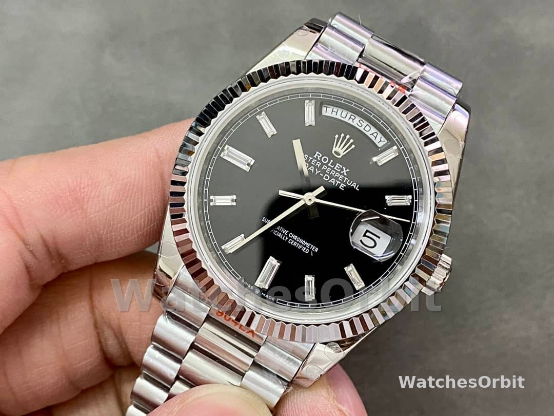 Rolex Day-Date 40mm 228239 0005 Black Diamond Dial Fluted Bezel Mens Replica Watch