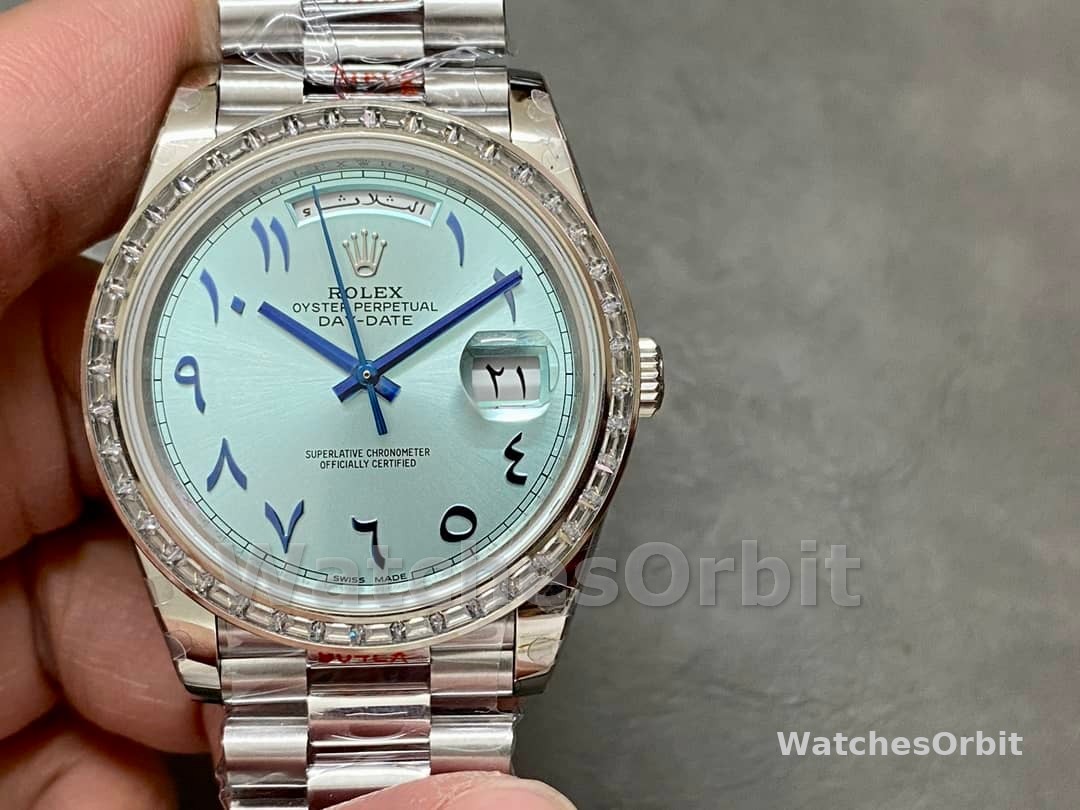 Rolex Day-Date 40mm Platinum Ice Blue Arabic Dial Diamond Bezel 228396TBR Men's Watch