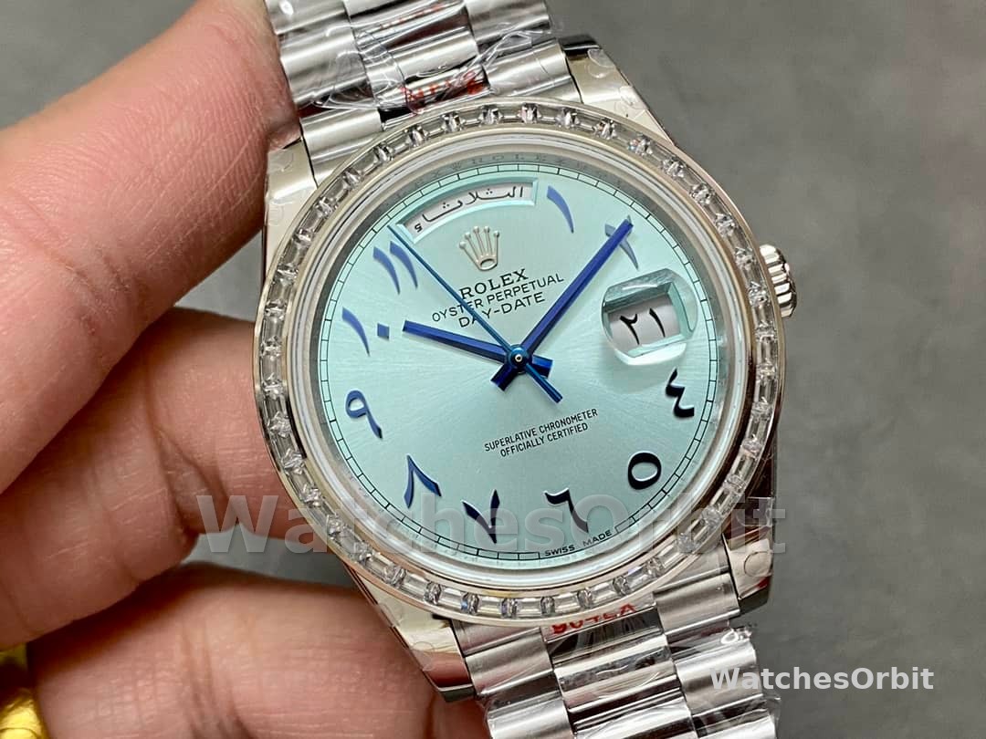 Rolex Day-Date 40mm Platinum Ice Blue Arabic Dial Diamond Bezel 228396TBR Men's Watch