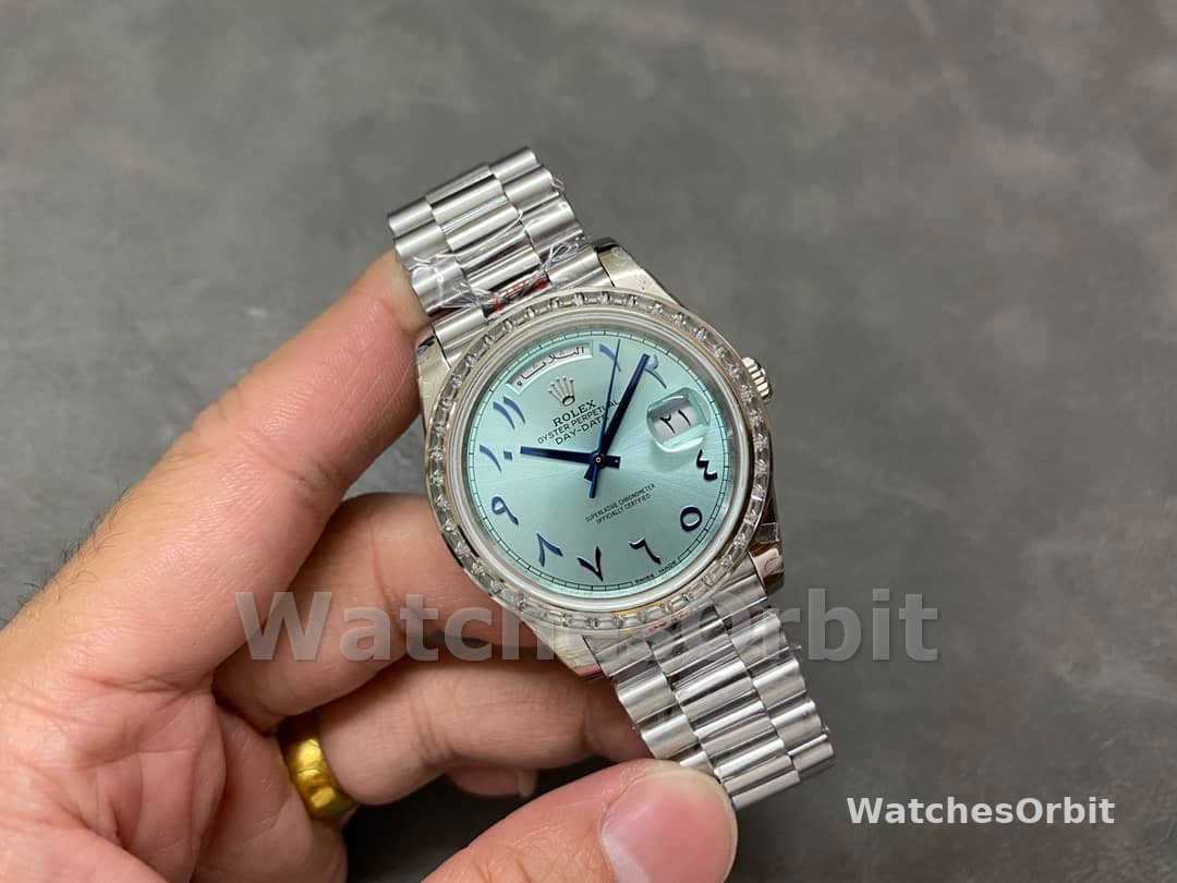 Rolex Day-Date 40mm Platinum Ice Blue Arabic Dial Diamond Bezel 228396TBR Men's Watch