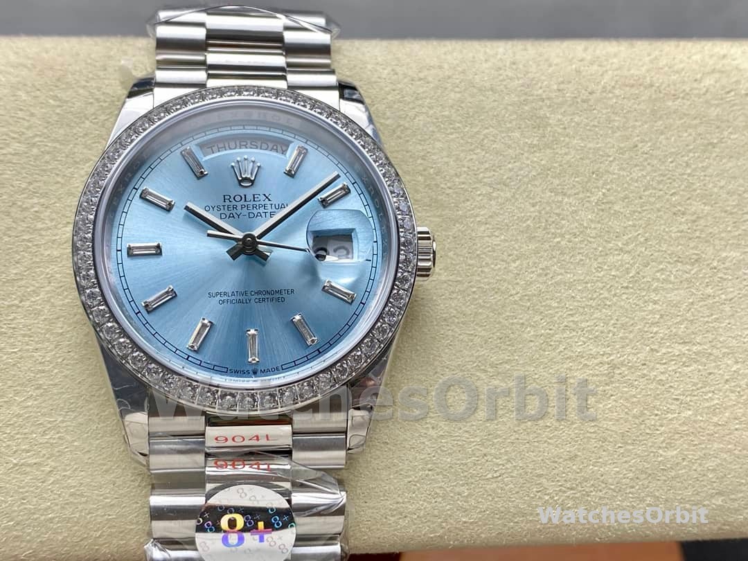 Rolex Day Date m128396tbr 0003 Platinum Ice Blue Dial 36 mm