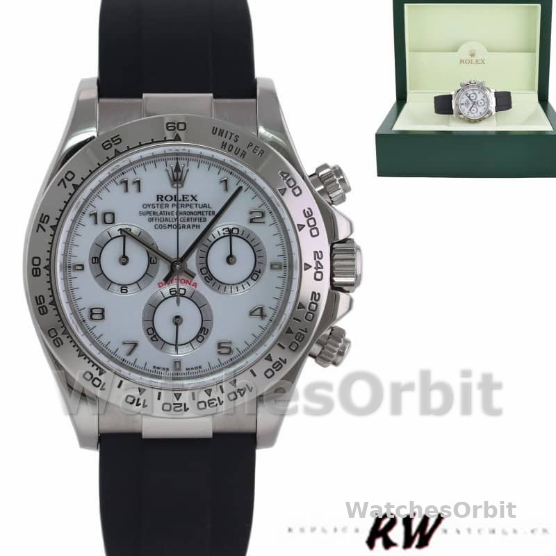 Rolex Daytona 116519 white Arabic dial Black Rubber strap 40mm Mens Replica Watch