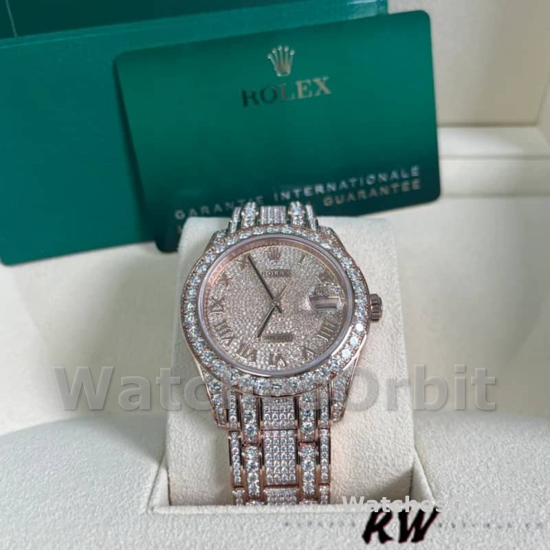 Rolex Pearlmaster 86405RBR Everose Gold Paved Diamond dial 39mm Mens Replica Watch