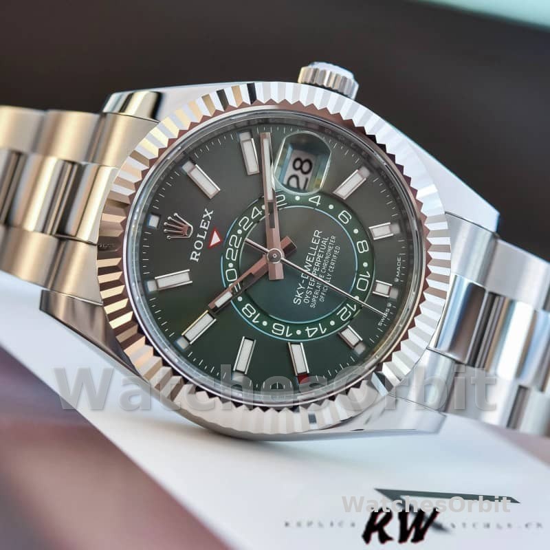Rolex Sky-Dweller 336934 Fluted Bezel Green Dial 42MM Mens Replica Watch
