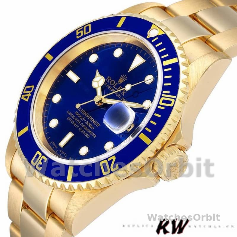 Rolex Submariner 16618 Yellow Gold Blue Dial 40mm Mens Replica Watch